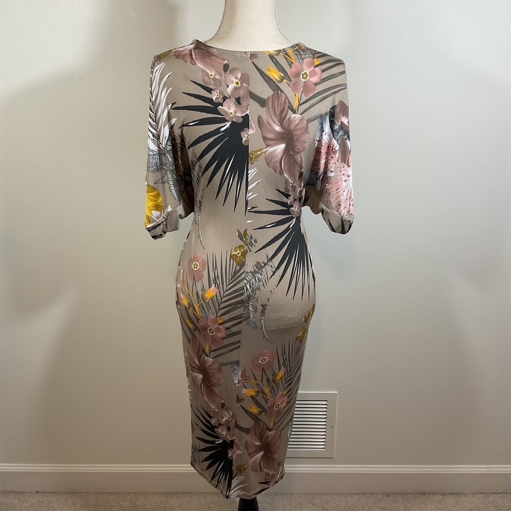 Karlie Dress Women S Taupe Tropical Twist Front Batwing Sleeve Resort Cocktail - Picture 9 of 15